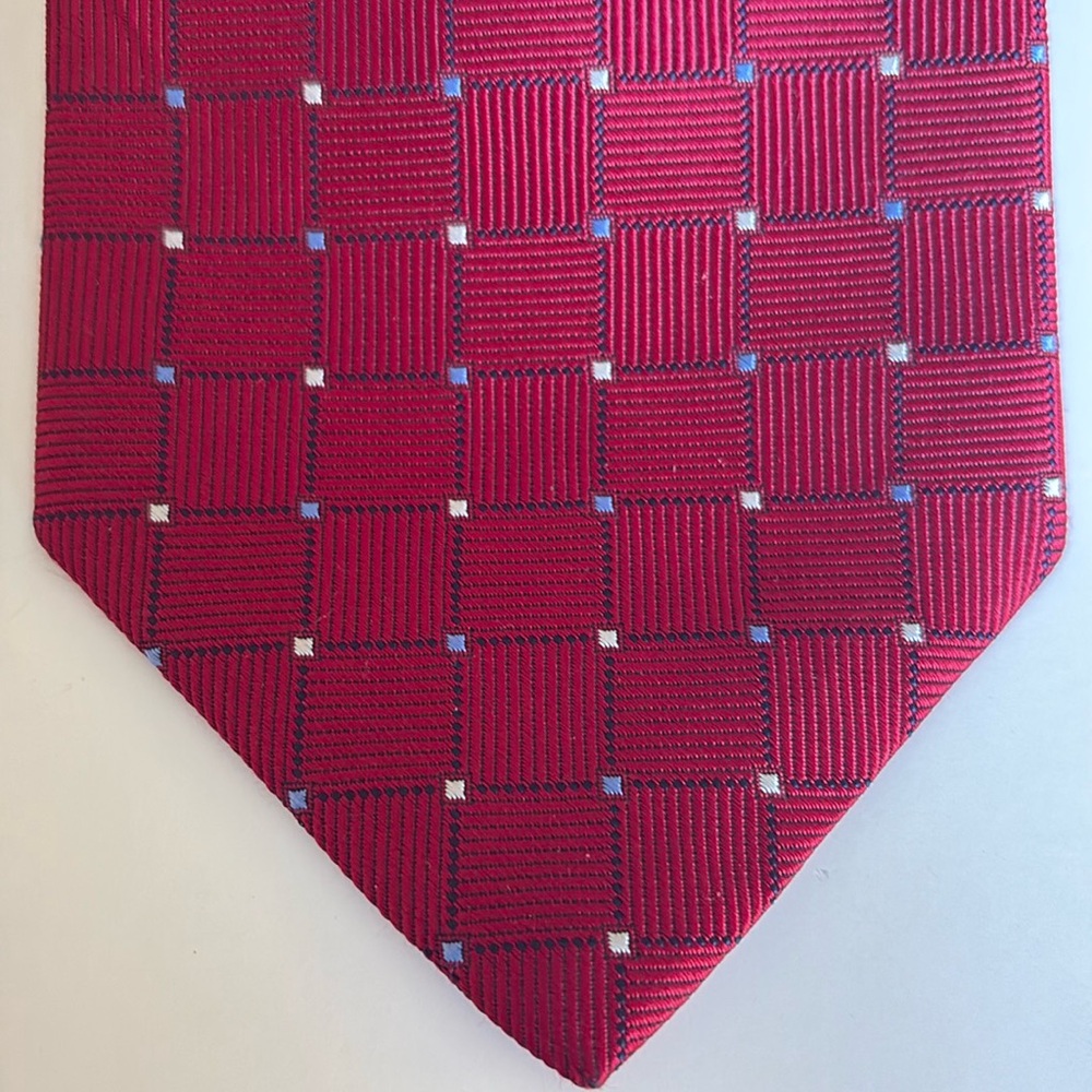 Brooks Brothers Burgundy Pure Silk Tie with Blue & White  Square Design